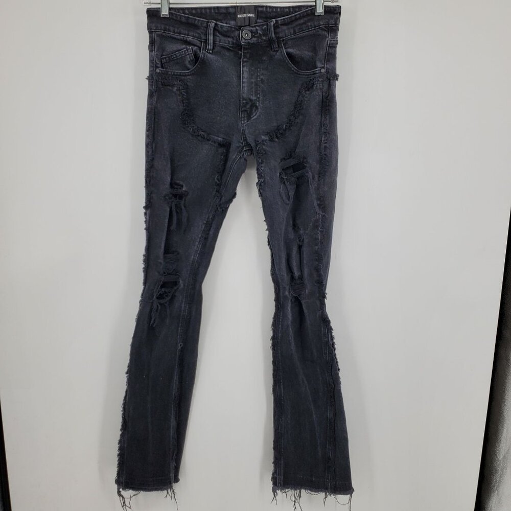 Rockstar Original Frayed Hem‎ Distressed Grunge Punk Stacked Long Black Jeans 32